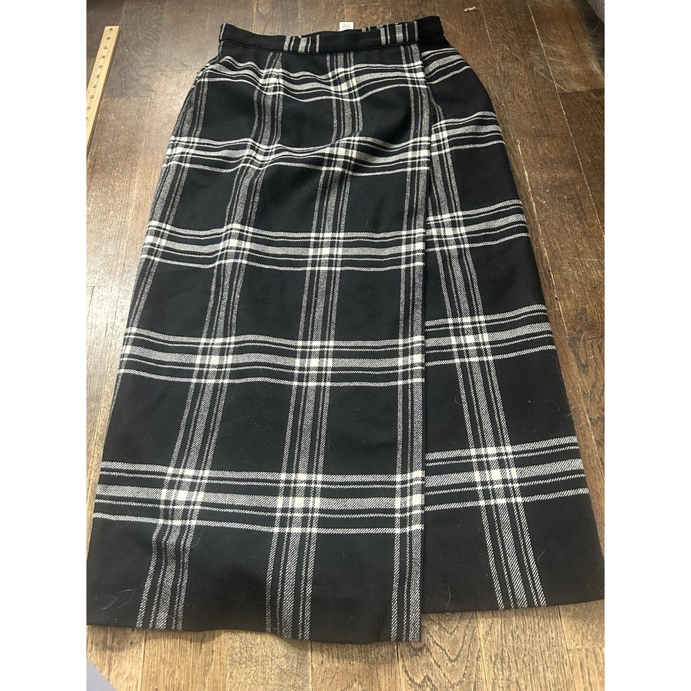 Liz Claiborne Plaid Wrap Maxi Skirt Wool Blend Black Academia School Girl 12p
